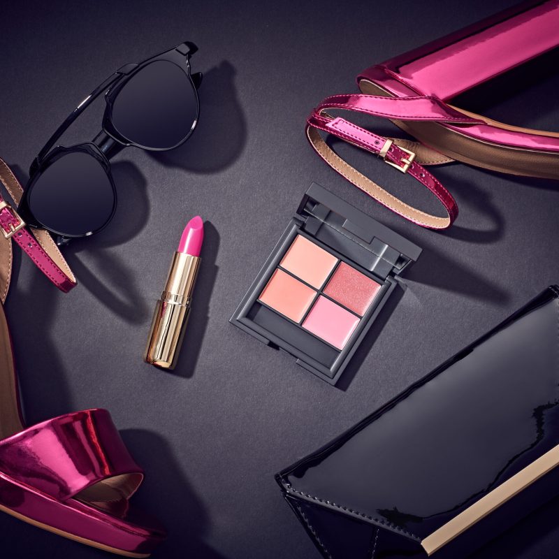 Fashion Cosmetic Makeup. Design Woman Accessories Set. Luxury Shiny Party Night Out lady on Black. Trendy fashion Sunglasses, Handbag Clutch. Glamor Metallic Pink fashion shoes Heels. Art. Minimal